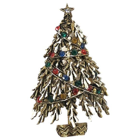 Vintage ART Christmas Tree Brooch Pin gold Tone With Rhinestones Arthur Pepper - Picture 1 of 8